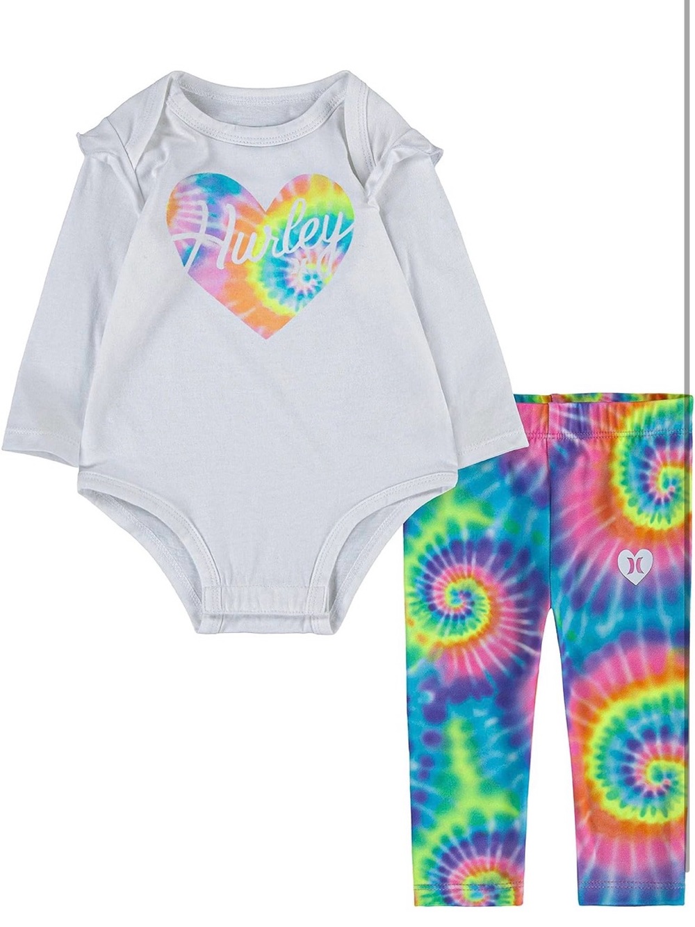 Hurley Baby Tie-Dye Heart Bodysuit & Leggings Set - White & Rainbow